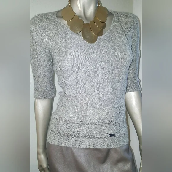 ◇$2,200 OSCAR DE LA RENTA GREY CASHMERE RUNWAY HAND KNIT BLOUSE S
